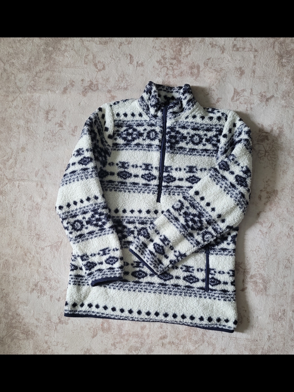 Men's Navy & White Patterned Sherpa Half-Zip Pullover Sweater